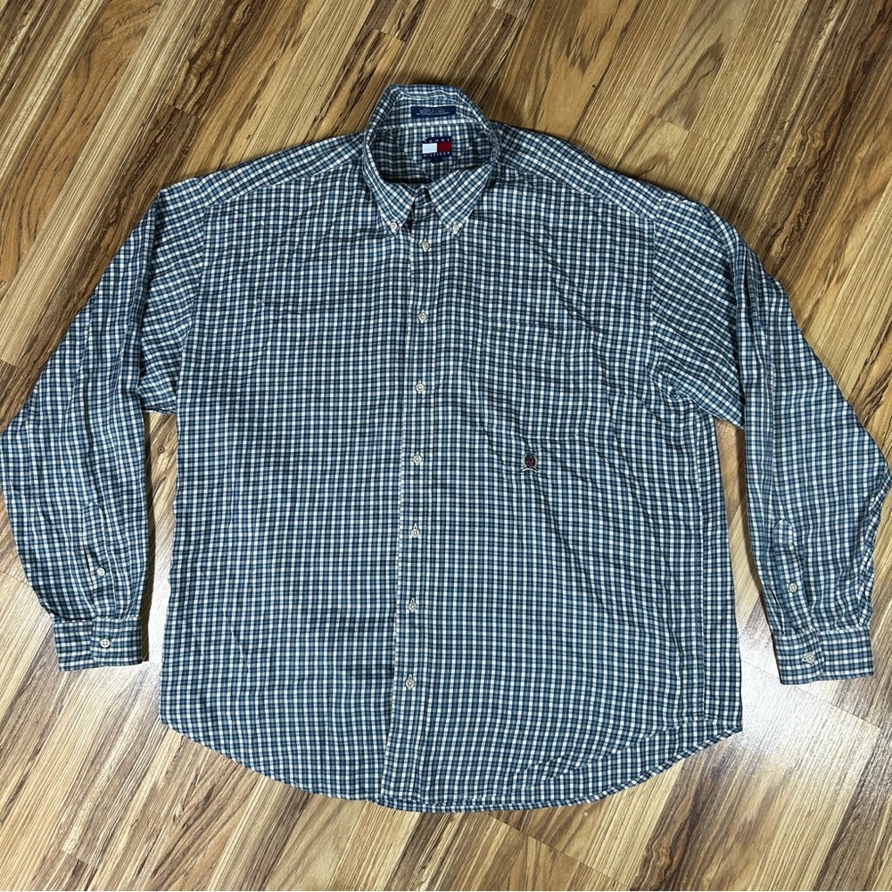 Vintage Tommy Hilfiger Shirt Men’s XXL Blue Plaid Button Down Long Sleeve Y2K